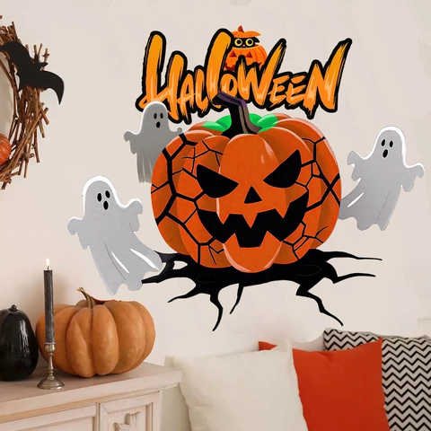 Halloween Wall Sticker Scary Pumpkin Face Ghost PVC Self Adhesive Decal For Festival Home Party Living Room Wall Decoration