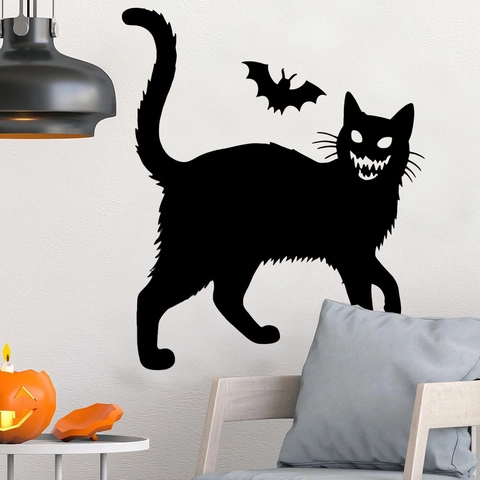 Pegatinas de Pared de Halloween Gato Negro Con Colmillos Silueta de Murciélago de PVC para Sala de Estar Dormitorio Decoración Hogar