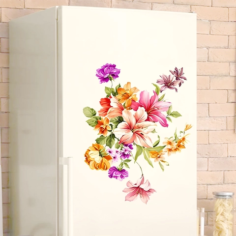 Stickers Muraux Fleurs Florales Décalcomanies Réfrigérateur Amovibles PVC Auto-adhésifs Imperméables Décoration Maison pour Salon