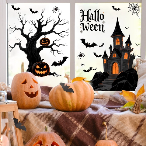 Halloween Fensteraufkleber Statische Fledermausschloss Kürbis Spinne Abnehmbare PVC Glassticker DIY Festliche Wanddeko