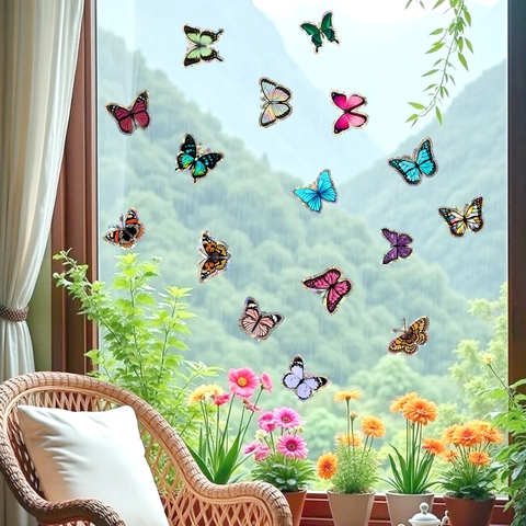 Adhesivo Estático para Ventana Mariposa 3D Multicolor Prisma PVC Calcomanía para Vidrio Anticolisión Home Decor Habitación