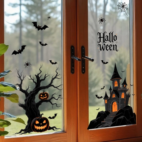 Halloween Fensteraufkleber Statische Fledermausschloss Kürbis Spinne Abnehmbare PVC Glassticker DIY Festliche Wanddeko