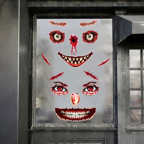 Adesivi per Finestre con Faccia da Clown Horror di Halloween Occhi Insanguinati Bocca Cucita Decalcomanie in PVC per Party