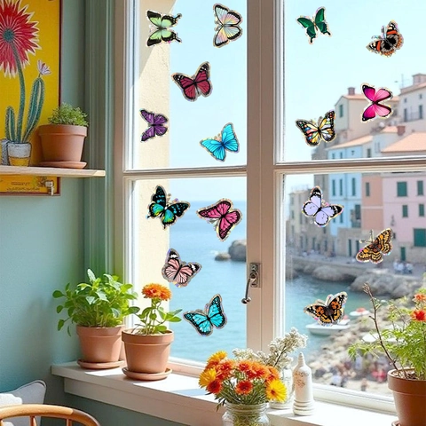 Adhesivo Estático para Ventana Mariposa 3D Multicolor Prisma PVC Calcomanía para Vidrio Anticolisión Home Decor Habitación