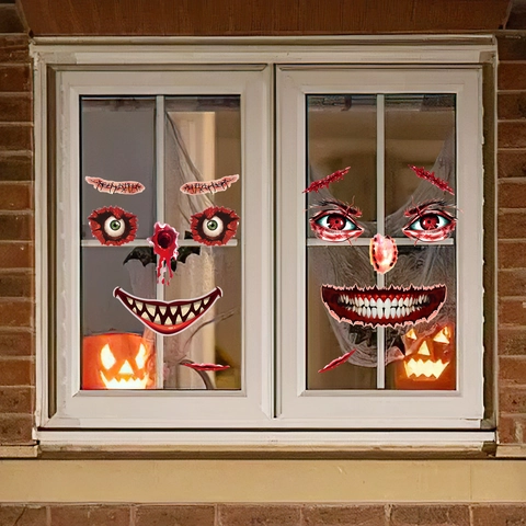 Adesivi per Finestre con Faccia da Clown Horror di Halloween Occhi Insanguinati Bocca Cucita Decalcomanie in PVC per Party