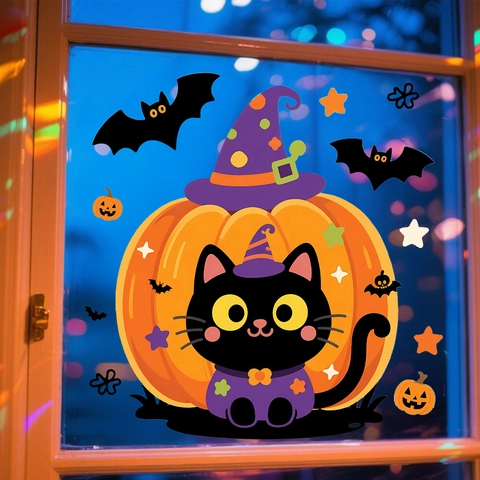 Halloween Window Clings Stickers PVC Static Pumpkin Black Cat Bat Wizard Hat Removable Home Decor Party Supplies