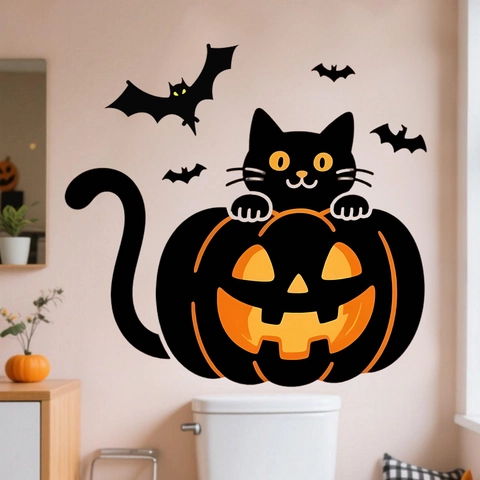 Halloween Decoratie Muurstickers Cartoon Zwarte Kat In Pompoen En Vleermuizen PVC Waterdicht Feestelijk Huis Decoratie Stickers