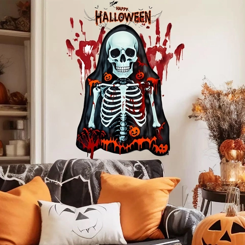 Adesivo Murale Scheletro Nero Spaventoso di Halloween Con Zucche Pipistrelli Impronta di Mano di Sangue Impermeabile PVC Decorazione Festa Casa