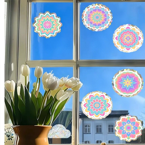 Pegatina de Ventana de Arco Iris de Flor de Mandala Adhesión Estática PVC Calcomanía de Vidrio Atrapasol Prisma Decoración Hogar