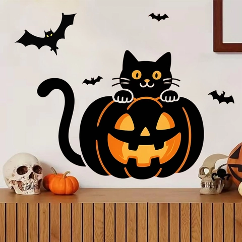 Halloween Decoratie Muurstickers Cartoon Zwarte Kat In Pompoen En Vleermuizen PVC Waterdicht Feestelijk Huis Decoratie Stickers