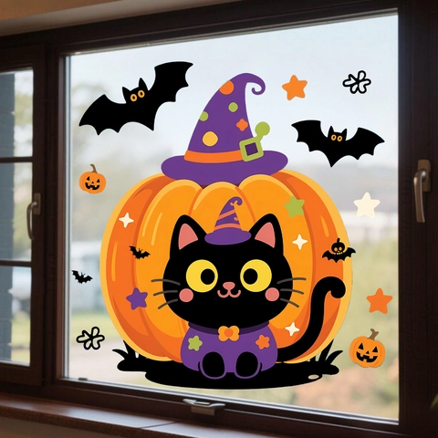 Halloween Window Clings Stickers PVC Static Pumpkin Black Cat Bat Wizard Hat Removable Home Decor Party Supplies