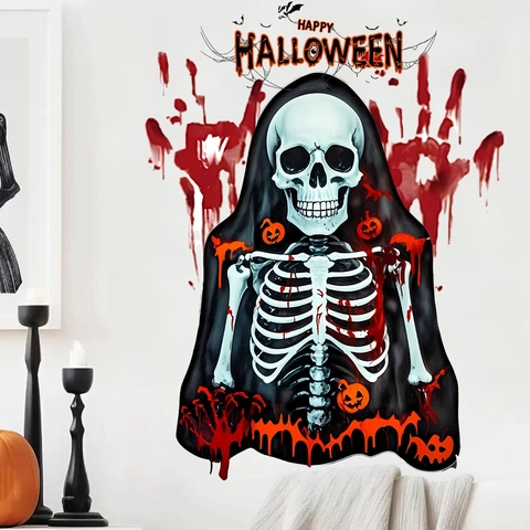 Adesivo Murale Scheletro Nero Spaventoso di Halloween Con Zucche Pipistrelli Impronta di Mano di Sangue Impermeabile PVC Decorazione Festa Casa