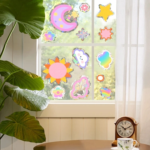 Adesivi per Finestre Prisma Arcobaleno Sun Catcher Luna Stella Nuvola Decalcomanie Statiche Film Olografico Decorazione