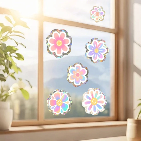 Rainbow Prism Flower Suncatcher Window Stickers PVC Holographic Static Cling Floral Decals For Glass Decoration Home Decor