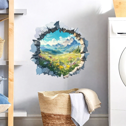 3D Broken Wall Effect Wall Sticker Natural Mountain Beach Landscape PVC Self Adhesive Decal For Living Room Home Decor