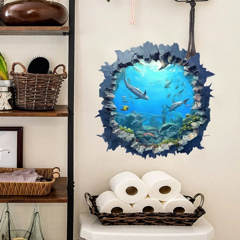 Pegatina De Pared 3D Efecto Pared Rota Tiburón Océano Paisaje Playa Tropical DIY PVC Removible Para Sala De Estar Baño