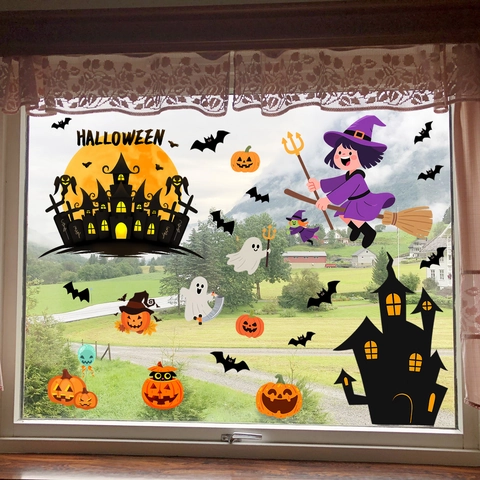 Adesivi Statici per Finestre di Halloween Castello Strega Zucca Luna Pipistrelli Fantasma Decalcomanie per Vetri Porte Festa Casa