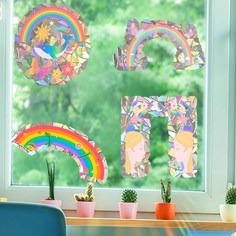 Regenbogen Wal Suncatcher Fensteraufkleber PVC Statisch Haftende Holographische Prisma Aufkleber Für Wohnzimmer Glas Deko