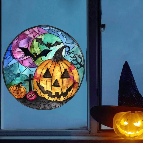 Halloween Window Sticker Static PVC Stained Glass Style Pumpkin Bat Moon Decor For Glass Door Home Party Decoration