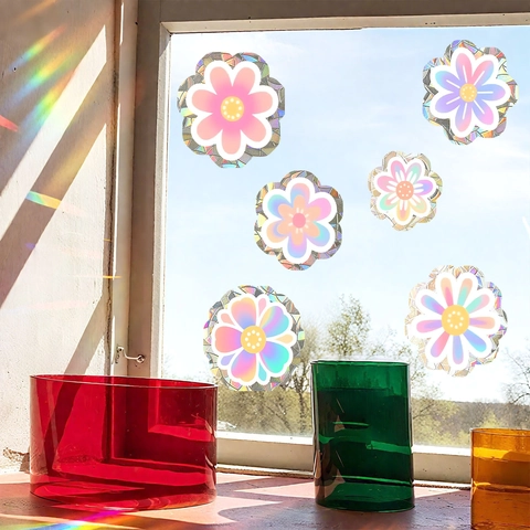 Rainbow Prism Flower Suncatcher Window Stickers PVC Holographic Static Cling Floral Decals For Glass Decoration Home Decor