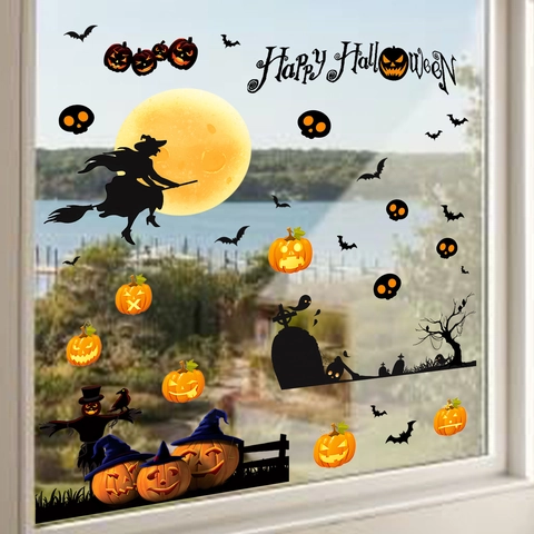 Adesivi Statici per Finestre di Halloween Castello Strega Zucca Luna Pipistrelli Fantasma Decalcomanie per Vetri Porte Festa Casa