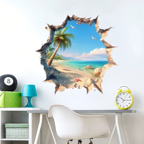 Pegatina De Pared 3D Efecto Pared Rota Tiburón Océano Paisaje Playa Tropical DIY PVC Removible Para Sala De Estar Baño