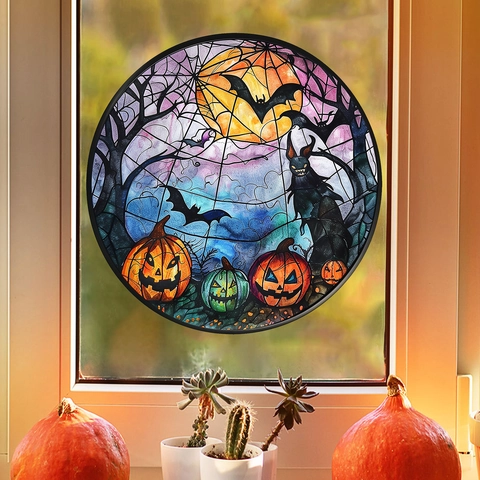 Halloween Stained Glass Style PVC Window Sticker Scary Pumpkin Castle Bat Static Cling For Glass Door Home Decoration