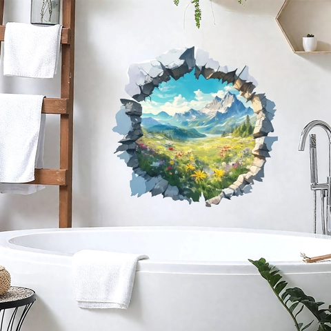 3D Broken Wall Effect Wall Sticker Natural Mountain Beach Landscape PVC Self Adhesive Decal For Living Room Home Decor