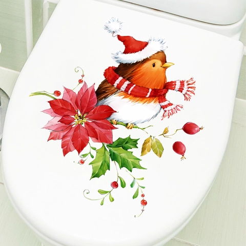 Weihnachten Rotkehlchen Vogel Weihnachtsstern Toilettenaufkleber PVC Abnehmbar Badezimmer Dekal Für Heimfest Party Wanddekoration