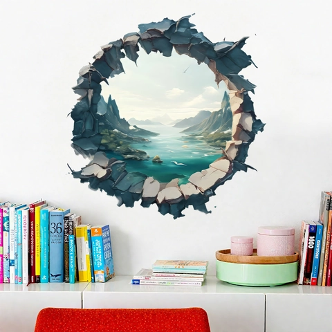 Pegatina de Pared 3D Efecto Pared Rota Paisaje Natural Montaña Lago PVC Impermeable Autoadhesiva para Decoración del Hogar