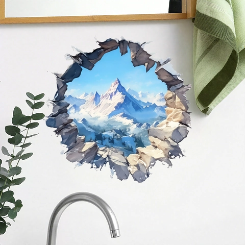 3D Gebroken Muur Sneeuwachtige Berg Muursticker Waterdicht PVC Natuurlandschap Decal Voor Woonkamer Slaapkamer Artistieke Muurschildering Huisdecoratie