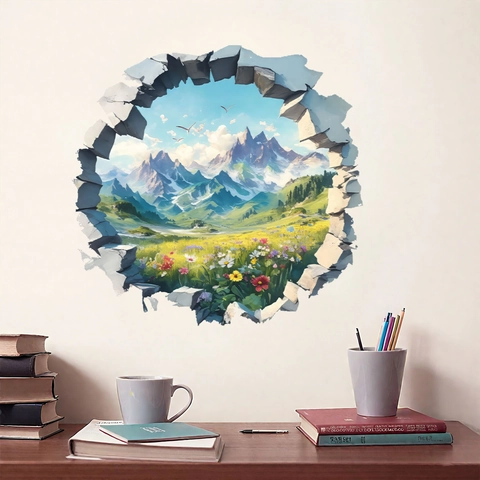 Sticker Mural Paysage Naturel 3D Mur Brisé PVC Autocollant Vue sur la Montagne pour Salon Chambre Décoration Maison