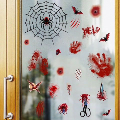 Halloween Fensteraufkleber Blutige Handabdrücke Spinnen Fledermäuse Statisch Haftend Horror Party Glastür Deko Zubehör