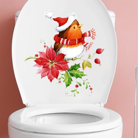 Weihnachten Rotkehlchen Vogel Weihnachtsstern Toilettenaufkleber PVC Abnehmbar Badezimmer Dekal Für Heimfest Party Wanddekoration