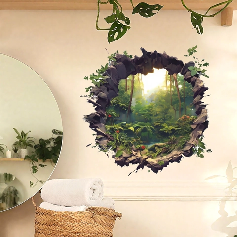 3D Forest Landscape Broken Wall Sticker PVC Tropical Rainforest Jungle Wall Decal For Living Room Bedroom Home Decor