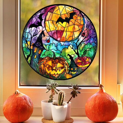 Stained Glass Style Halloween Pumpkin Window Cling Decor Jack-O-Lantern Castle Bat Moon PVC Sticker For Home Party Decoration