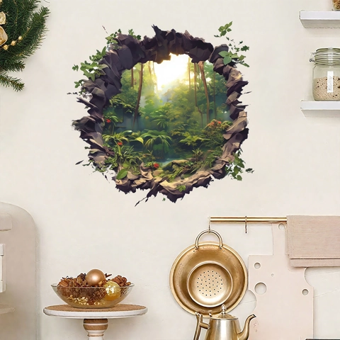 3D Forest Landscape Broken Wall Sticker PVC Tropical Rainforest Jungle Wall Decal For Living Room Bedroom Home Decor