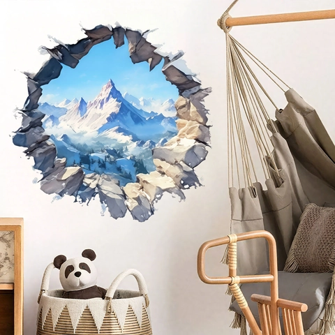 3D Gebroken Muur Sneeuwachtige Berg Muursticker Waterdicht PVC Natuurlandschap Decal Voor Woonkamer Slaapkamer Artistieke Muurschildering Huisdecoratie