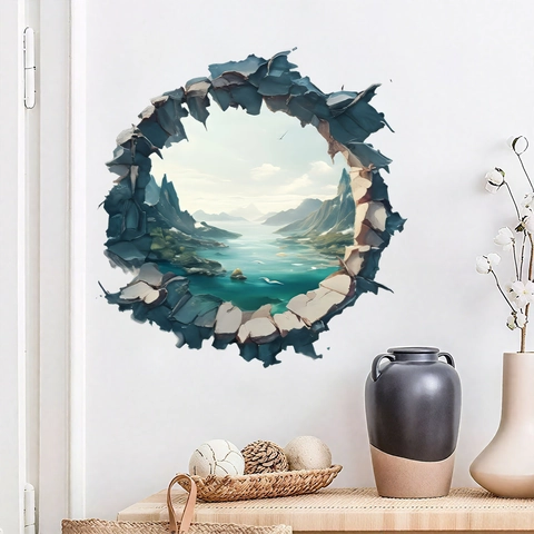 Pegatina de Pared 3D Efecto Pared Rota Paisaje Natural Montaña Lago PVC Impermeable Autoadhesiva para Decoración del Hogar