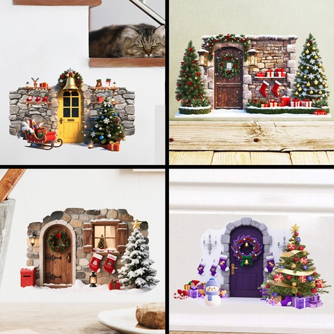 3D Christmas Wall Sticker Waterproof PVC Festive Decoration With Tree Snowman Door Pattern For Living Room Bedroom Holiday Home Decor
