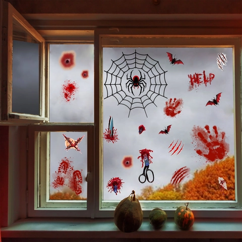 Halloween Fensteraufkleber Blutige Handabdrücke Spinnen Fledermäuse Statisch Haftend Horror Party Glastür Deko Zubehör