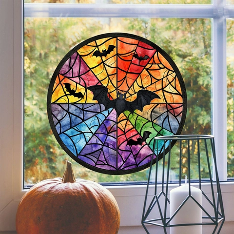 Halloween Stained Glass Style PVC Window Sticker Scary Pumpkin Castle Bat Static Cling For Glass Door Home Decoration