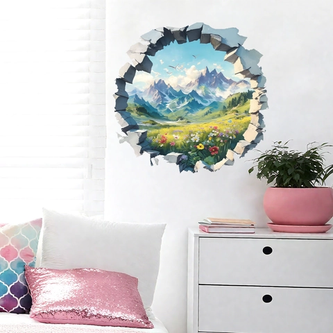Sticker Mural Paysage Naturel 3D Mur Brisé PVC Autocollant Vue sur la Montagne pour Salon Chambre Décoration Maison