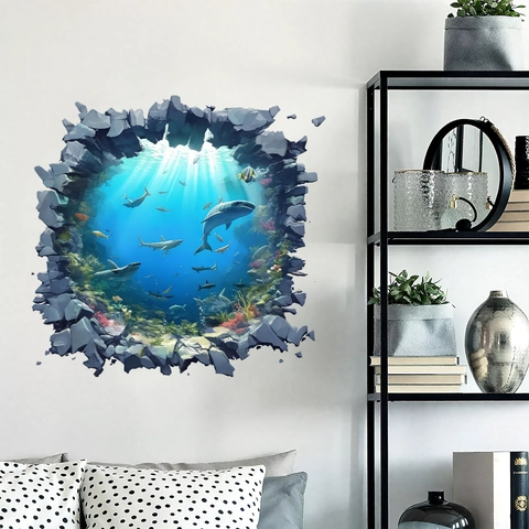 3D Ocean Shark Wall Sticker Waterproof PVC Sea World Broken Wall Mural Home Decor For Living Room Bedroom Kids Room Nursery