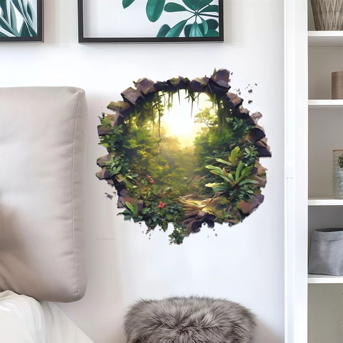 3D Zerstört Wandeffekt Tropische Pflanze Wandtattoo PVC Natur Regenwald Wandbild Aufkleber Für Wohnzimmer Schlafzimmer Flur Deko