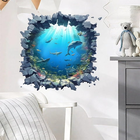 3D Ocean Shark Wall Sticker Waterproof PVC Sea World Broken Wall Mural Home Decor For Living Room Bedroom Kids Room Nursery