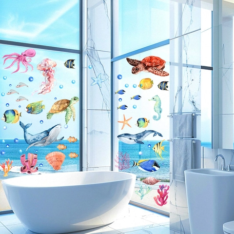 Watercolor Ocean Sea Life Wall Stickers 6 Sheets Whale Turtle Octopus Static Cling Bathroom Window Glass Decals Home Decor