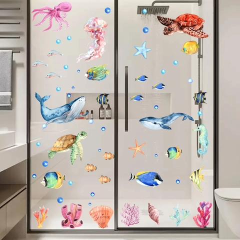 Watercolor Ocean Sea Life Wall Stickers 6 Sheets Whale Turtle Octopus Static Cling Bathroom Window Glass Decals Home Decor