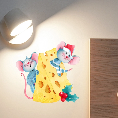 Stickers Muraux de Noël Souris Dessin Animé en PVC Auto-adhésif Amovible Aquarelle Fromage Chaussette Décoration de Maison