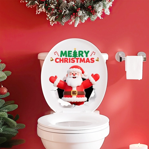 Christmas Santa Claus Toilet Sticker 3D Merry Christmas Wall Decal Waterproof PVC Bathroom Home Decoration Self Adhesive Festive Ornament